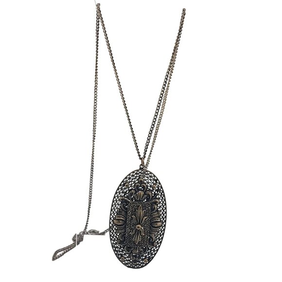 Vintage Elaborate Signed Czechoslovakia Layered Brass Pendant Necklace (A3491) - Picture 1 of 6